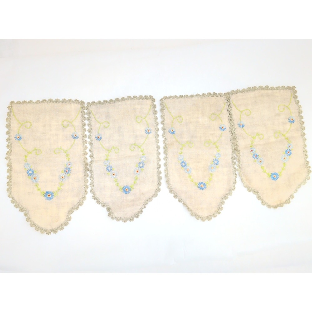 Vtg Linen Embroidered Napkins Set 4 Floral Scalloped Lace Cream Blue Green 7X12